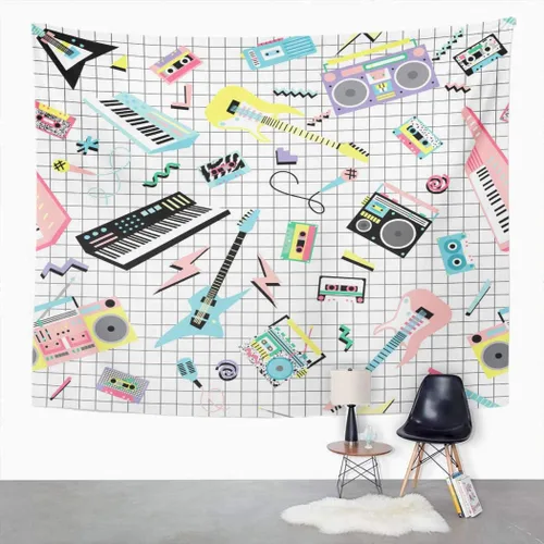 Suklly Tapiz para colgar en la pared, música retro de los años 80 y 90, instrumentos musicales y reproductores de cassette, decoración del hogar,
