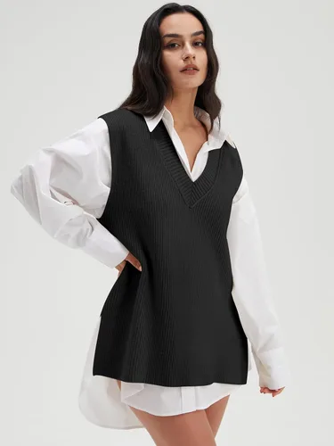 Miniatura 4 de DEEP SELF Suéter de cuello en V, sin mangas, de gran tamaño, suéter de punto de otoño para mujer