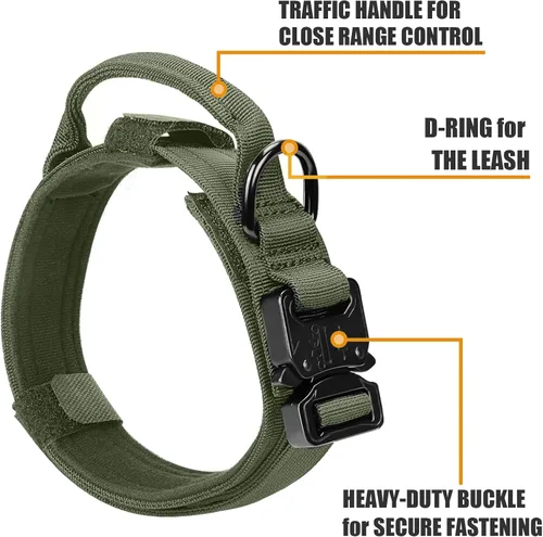 Miniatura 2 de Collar táctico militar para perro, nailon ajustable, hebilla de metal resistente con asa para entrenamiento, parches (verde, XL)