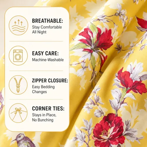 Miniatura 4 de DaDa Bedding - Funda de edredón con diseño floral amarillo radiante, colibríes, flores rojas, jardín, con fundas de almohada, brillante, vibrante