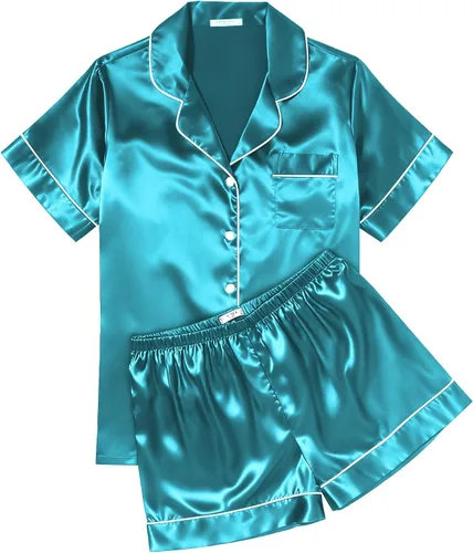 Miniatura 32 de Ekouaer Conjunto de pijama de satén de seda para mujer, suave, de manga corta, con botones, ropa para dormir, camiseta y pantalones cortos, juego
