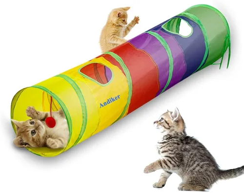 Andiker Túnel para gatos de interior, tubo plegable de arco iris de 45 pulgadas de largo con una divertida bola y 2 agujeros, túnel de conejo para