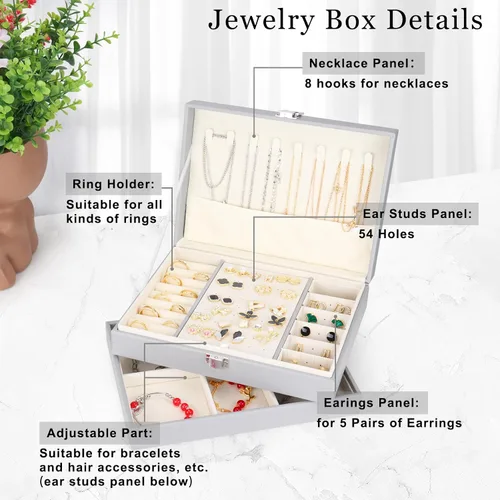 Miniatura 4 de LOMEVE Joyero con bandeja extraíble, organizador de joyería de piel sintética para mujeres y niñas, 2 capas organizador de joyas para collares