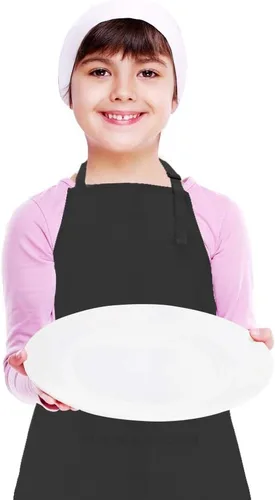 Miniatura 2 de Juego de delantal y gorro de chef para niños, delantales ajustables de algodón con bolsillo grande, delantales negros para niñas y niños, delantales