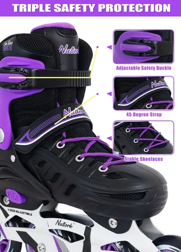Miniatura 3 de Nattork Patines en línea para niños y niñas, hombres y mujeres, 4 tamaños ajustables, cuchillas de patines de ruedas para principiantes para niños