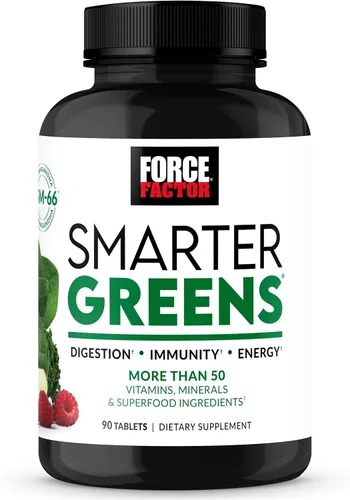 Force Factor Smarter Greens Tabletas, suplemento de verduras con más de 25 superalimentos y antioxidantes para mejorar la digestión, reducir el
