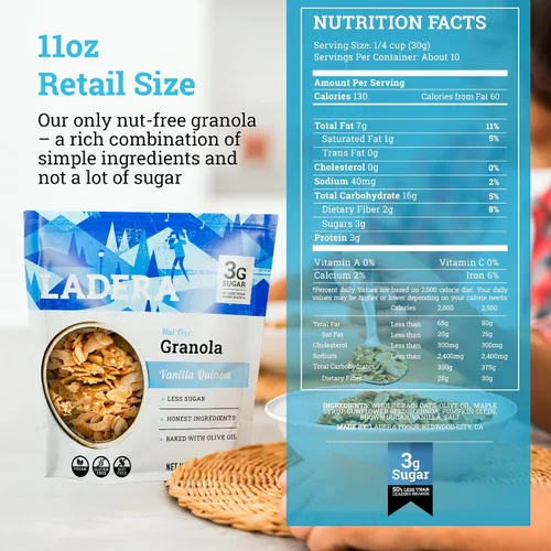 Miniatura 2 de Granola de Quinua con Vainilla Ladera - Cereal de Desayuno Bajo en Azúcar y Sin Nueces, Sin Gluten y Vegano, Ingredientes Honestos, 11 OZ