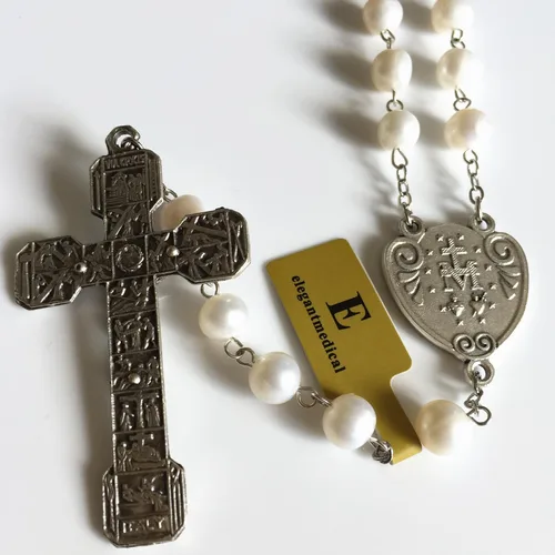 Miniatura 5 de elegantmedical Stations of the Cross - Rosario de oración con perlas blancas reales, caja de regalo católica, Perla