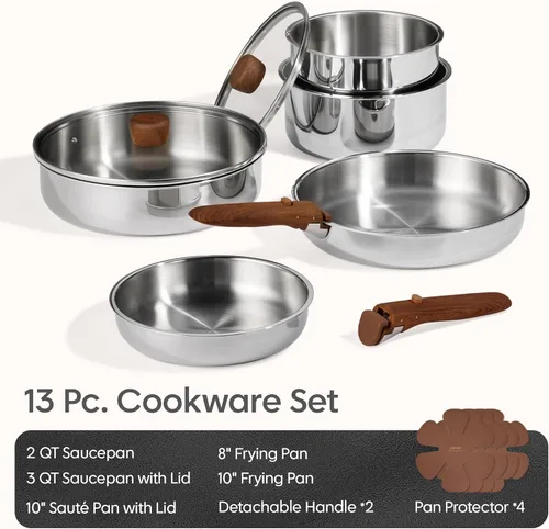Miniatura 2 de CAROTE Juego de 13 utensilios de cocina de acero inoxidable de tres capas con mango desmontable, juego de ollas y sartenes, juegos de cocina