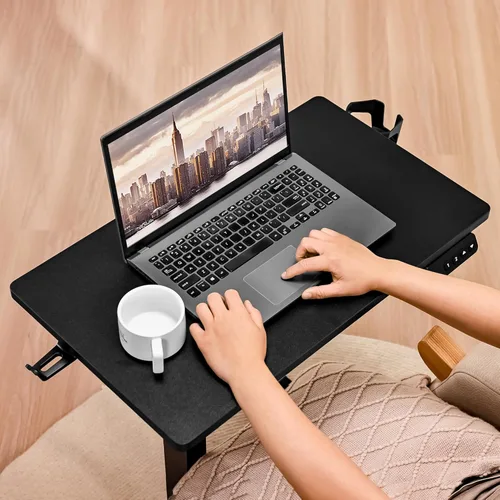 Miniatura 4 de Mesa eléctrica para colocar sobre la cama con ruedas, altura ajustable, mesa auxiliar reclinable, en forma de C, pequeño escritorio para computadora