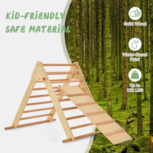 Miniatura 5 de Olakids Conjunto Triángulo Pikler 3 en 1 Juguetes de Escalada para Niños Pequeños Madera Plegable Montessori Gimnasio de Selva para Bebés con Rampa