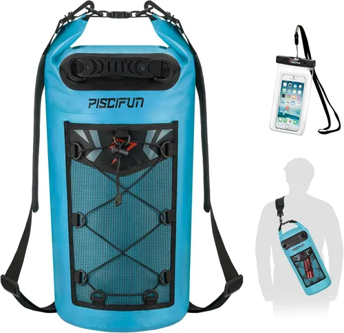 Piscifun Bolsa seca, mochila flotante impermeable 10L/20L/30L/40L con funda impermeable para teléfono para navegación, kayak, pesca Azul claro