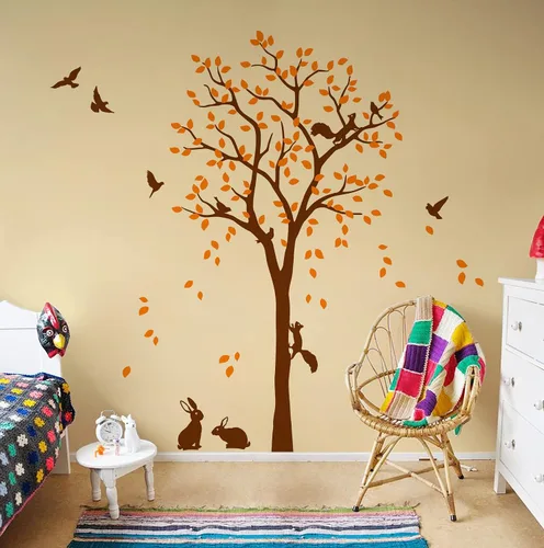 Miniatura 6 de Adhesivo decorativo de pared de árbol grande con pájaros, ardillas y conejos, conejos, decoración de guardería 095 (todo blanco)