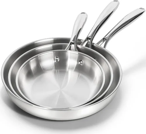 MICHELANGELO Juego de sartenes de acero inoxidable 18/10, sartenes de cocina de 8, 9.5 y 11 pulgadas, juego de sartenes de acero inoxidable con base