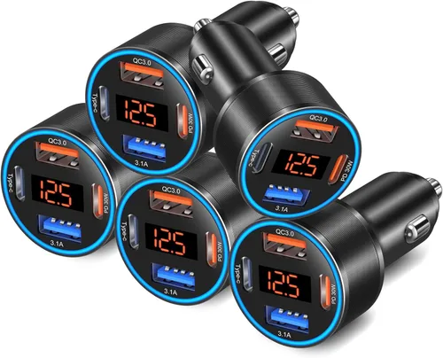Miniatura 8 de Cargador de coche 5 unidades, 65 W 12 V USB Multi Port QC/PD 3.0 carga rápida adaptador de encendedor de cigarrillos dual USB-C y USB-A cargador Gris