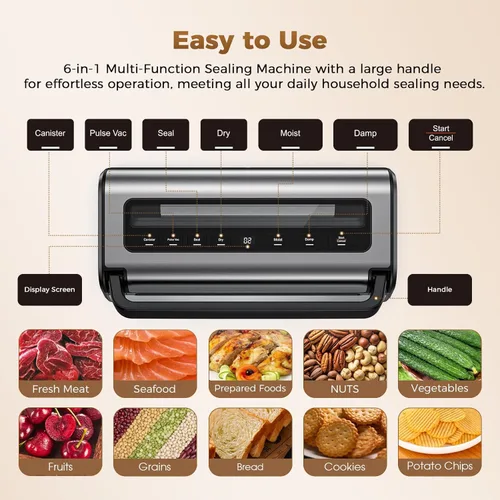 Miniatura 5 de Máquina automática selladora al vacío de alimentos Sellador al vacío de cocina de 180 W para sellado seco, húmedo y de recipiente Base