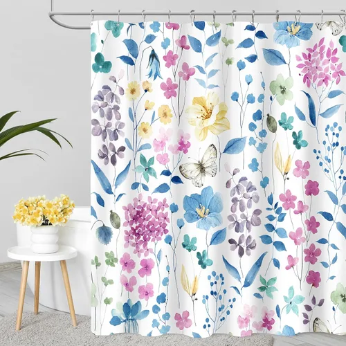 Miniatura 17 de MAYZUS Cortina de ducha con flores azules acuáticas, lindas cortinas de tela con flores para baño, juego de cortinas de tela de aguamarina
