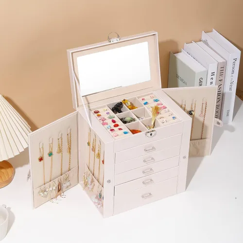 Miniatura 6 de BOOVO Joyero para mujer, organizador de joyas grande de 6 capas con espejo, caja de almacenamiento multifunción con cerradura, soporte de accesorios