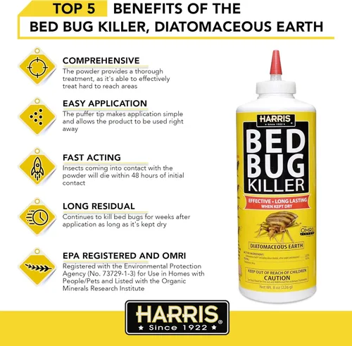 Miniatura 5 de Polvo de tierra de diatomeas Harris HDE-8 para chinches de cama, 8 onzas, amarillo