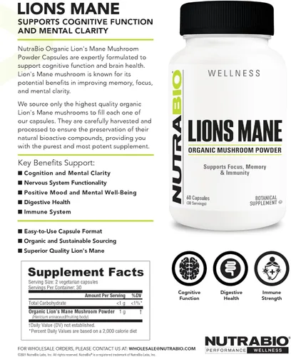 Miniatura 9 de NutraBio Cápsulas orgánicas de suplemento de hongos de melena de león – 500 mg en polvo – Enfoque, memoria, apoyo a la inmunidad – 60 cápsulas