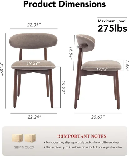 Miniatura 2 de Juego de 4 sillas de comedor, sillas tapizadas de estilo granja, sillas modernas de tela para cocina con patas de madera maciza, color camello