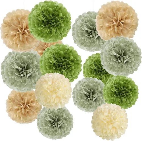 Pompones de Papel de Seda Verde Oliva Salvia Decoraciones de Fiesta Safari Selva Flores de Papel Decoraciones Verde Natural Boho Decoración Colgante