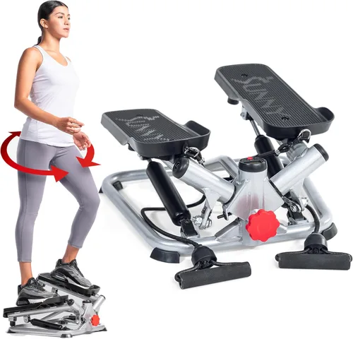 Sunny Health & Fitness Twist Steppers with Resistance Bands, Compact Mini Stair Step Machines for Low-Impact Home Cardio Workouts Gris