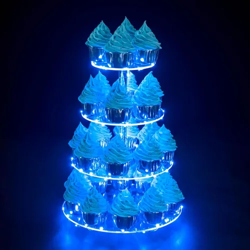Soporte para Cupcakes, Soporte Redondo para Cupcakes de 4 Niveles con Tira de Luces LED, Torre de Exhibición de Cupcakes de Acrílico para Bodas, Azul