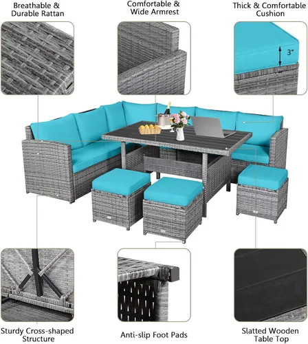 Miniatura 7 de HAPPYGRILL Juego de muebles de mimbre de ratán de 7 piezas, juego de muebles de patio al aire libre con cojines, juego de sofá de ratán con mesa