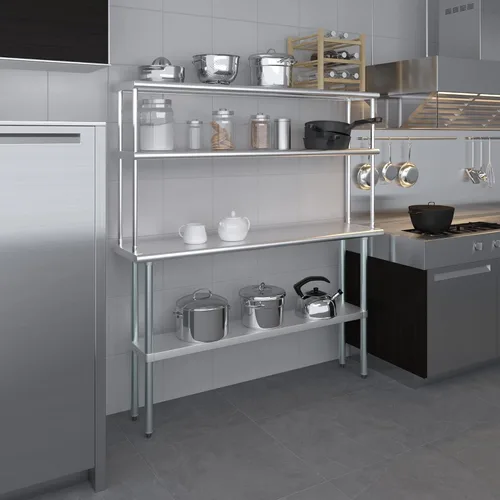 Miniatura 9 de Amgood Mesa de trabajo de acero inoxidable con estante ancho de doble nivel NSF Combo de mesa de preparación de cocina de metal y estantería
