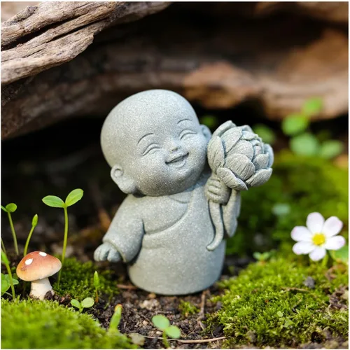 Miniatura 13 de livelyfish Estatua de monje japonés de 3 piezas de estatuas de buda de piedra arenisca zen rezando, esculturas asiáticas de jardín para buena