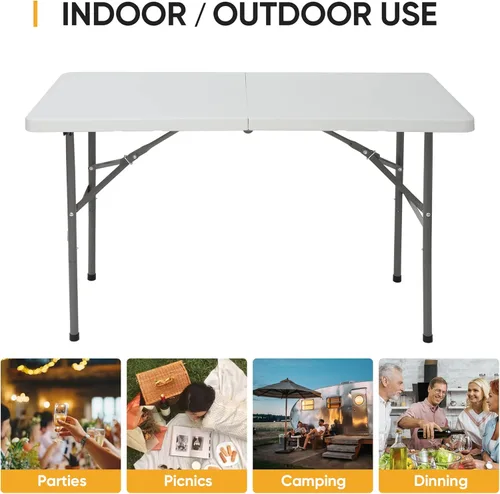 Miniatura 4 de SUPER DEAL Mesa plegable portátil de plástico de 4 pies, pequeña para interiores y exteriores, resistente, plegable por la mitad, mesa para picnic