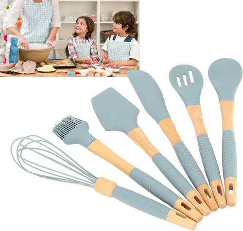 Miniatura 2 de Juego de utensilios de silicona de 6 piezas con mango de madera, kit de utensilios de cocina de cocina, accesorios de cocina duraderos antiarañazos