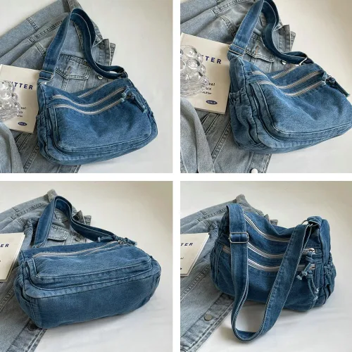 Miniatura 6 de Bolso de hombro grande retro para mujer de lona de denim, bolso cruzado de denim, bolso ligero informal, bolso de mano con asa superior