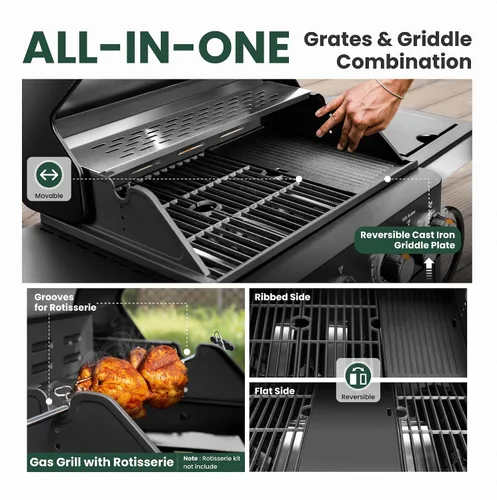Miniatura 2 de Parrilla de Barbacoa de Gas Propano 2 en 1 con Quemador Lateral y Rejilla de Hierro Fundido Esmaltada en Porcelana, Plancha Plana de 4 Quemadores