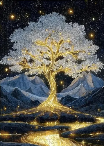 Rompecabezas de árbol de la vida dorado para adultos de 1000 piezas, rompecabezas de paisaje de árbol brillante de fantasía con montañas de cielo