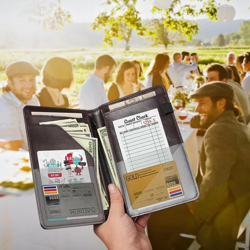 Miniatura 6 de Libreta de mesera para camarera, organizador de cuero con bolsillo con cremallera, folleto para personal de restaurante, soporte para cheques de Café