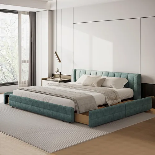 Miniatura 16 de DEINPPA - Marco de cama tamaño Queen con cabecero suave tipo nube, base de cama de madera con tapizado de chenilla, no necesita somier - Beige