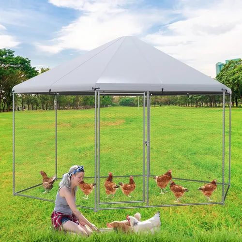 Giantex Gallinero de metal grande, gallinero hexagonal de 13 pies con cubierta impermeable, marco de acero resistente, 12 estacas, jaula de aves de