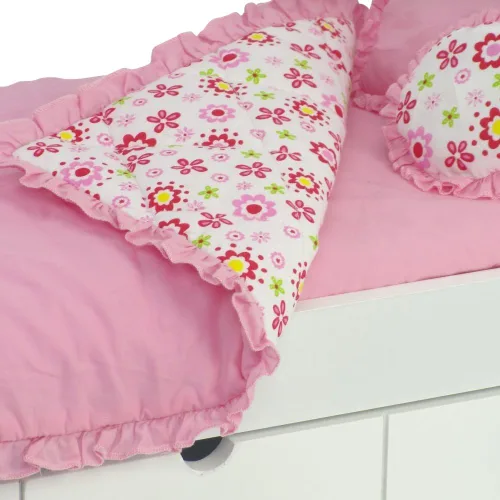Miniatura 3 de Emily Rose Juego de ropa de cama reversible floral de 18 pulgadas, ropa de cama de muñecas de 5 piezas con edredón con volantes, sábana y almohadas