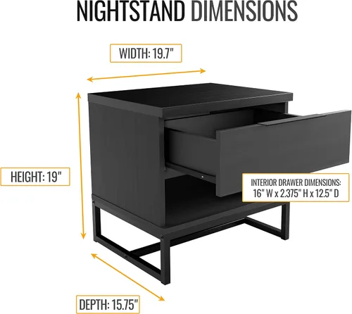 Miniatura 2 de Boyd Sleep Catania Mesita de noche con un cajón con estante de almacenamiento abierto: mesa auxiliar moderna para dormitorio, color negro