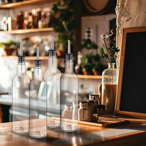 Miniatura 7 de Paquete de 4 botellas de jarabe de 25 onzas, botellas de plástico de cuello largo con acero inoxidable a prueba de fugas, vertedor y tapa de jugo