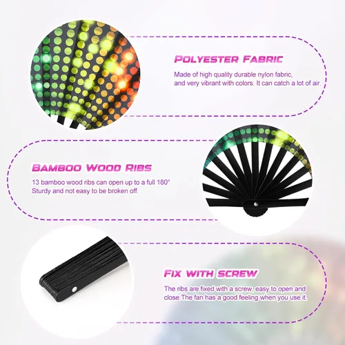 Miniatura 6 de Geetery Abanico grande plegable para rave para mujeres/hombres, fiesta de carnaval, arco iris, patrón de lentejuelas, orgullo, ventilador de mano
