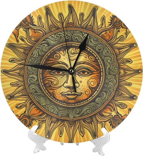 Miniatura 2 de Reloj de pared redondo de 10 pulgadas con batería de sol mexicano por flores, reloj silencioso sin tictac, estilo mexicano decorativo para sala