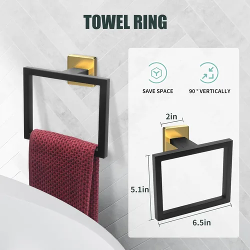 Miniatura 3 de Juego de barras para toallas de 5 piezas en negro y dorado - Accesorios de baño dorados y negros con 2 ganchos para toallas, juego de barras