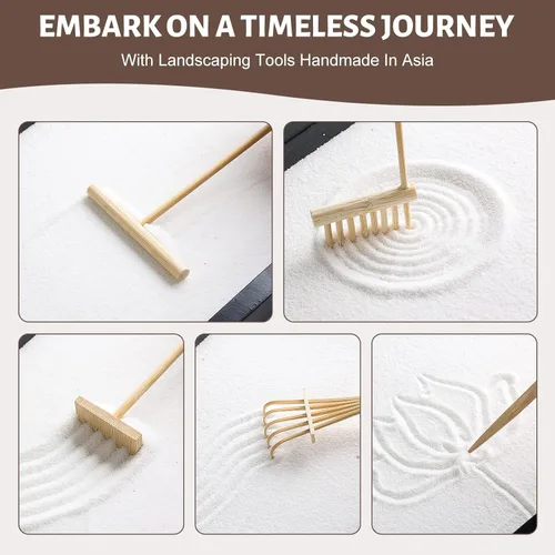 Miniatura 5 de Kit de jardín zen para decoración de escritorio - Juego de caja de arena mini japonés premium y hermoso para el hogar, oficina con bandeja de madera