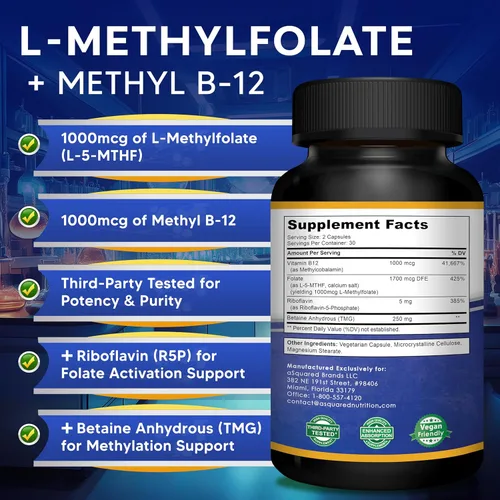 Miniatura 4 de aSquared Nutrition L Metilfolato Plus Metil B12 - Suplemento de folato metilado para mujeres y hombres - 5-MTHF (vitamina B9 activa) 1000 mcg y B-12