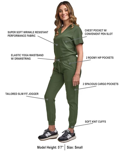 Miniatura 32 de Green Town Conjunto de ropa quirúrgica para mujer, pantalón deportivo y parte superior con cuello en V, 5 bolsillos, cintura de yoga, uniforme