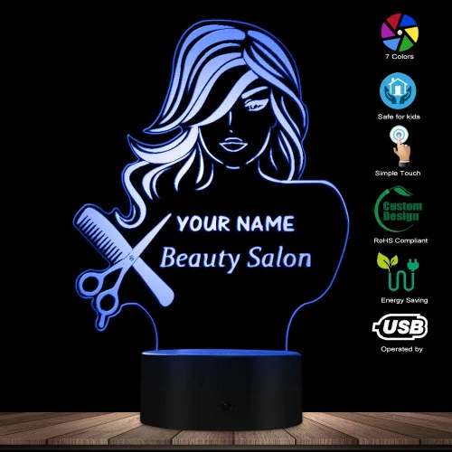 Miniatura 5 de The Geeky Days Salón de belleza 3D LED noche luz peluquería peluquería tijeras peine mesa escritorio lámpara nombre personalizado diseño moderno