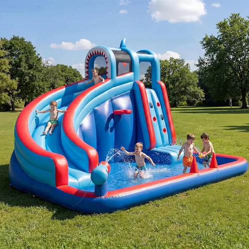 Miniatura 14 de Tobogán acuático inflable para patio trasero de niños con soplador de 450 W, castillo de salto con tobogán de agua, parque acuático para actividades